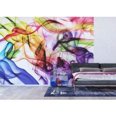 Abstract fotobehang met een kleurrijke rook in een moderne slaapkamer.