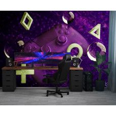 Fotobehang met een gamecontroller en PlayStation-symbolen in paarstinten, toegepast in een stoere gamekamer.