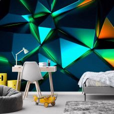 Fotobehang met cyberkristallen en lichtreflecties, toegepast in een gamekamer met een moderne en digitale uitstraling.