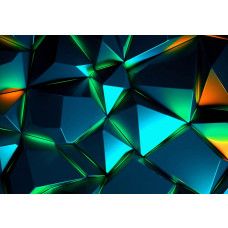 Fotobehang met digitale kristalstructuur in blauw- en groentinten met oranje lichtaccenten in een futuristisch 3D-ontwerp.