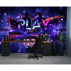 Fotobehang met het woord Play en een cyberhand in een futuristische stijl, toegepast in een gamekamer met kunstzinnige uitstraling.
