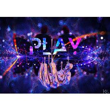 Fotobehang met de tekst Play en een futuristische hand eronder in een kunstzinnig, digitaal ontwerp.