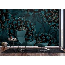 Een stijlvol fotobehang van dahlia’s met gouden accenten in een moderne woonkamer, combineert natuur met luxe.