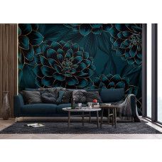 Fotobehang van dahlia’s met gouden accenten in de woonkamer, brengt een chique en levendige sfeer.