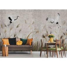 Een fotobehang van dansende kraanvogels boven het hoge gras in een eetkamer met beton.