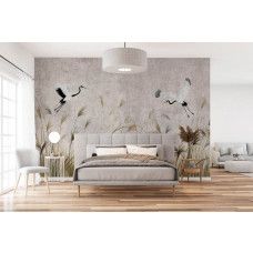 Een fotobehang van dansende kraanvogels boven het hoge gras in een slaapkamer met beton.