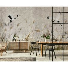 Een fotobehang van dansende kraanvogels boven het hoge gras in een woonkamer met beton.