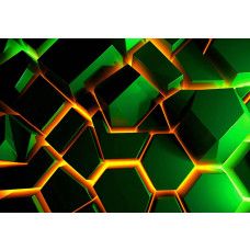 Fotobehang met groene 3D-zeshoeken en een gloeiende lavagloed in oranje en geel op de achtergrond.