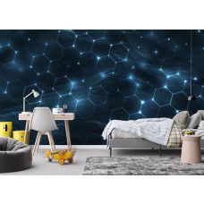 Fotobehang met digitale hexagon structuur met abstracte patronen in een speelse kinderkamer.