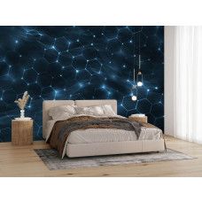 Fotobehang digitale hexagon structuur met blauwe gloed in een slaapkamer.