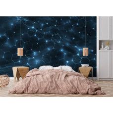 Fotobehang digitale hexagon structuur met abstracte patronen in een slaapkamer.