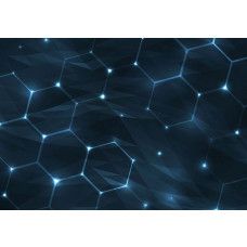 100% zoomfoto van een fotobehang met digitale hexagon structuur in blauwe tinten en futuristisch licht.