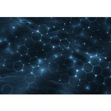 Fotobehang met digitale hexagon structuur in blauwe tinten en futuristisch licht.