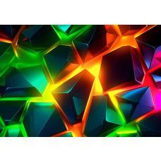 Fotobehang met digitale geometrische vlakken in een explosie van neonkleuren zoals groen, rood, blauw en geel.