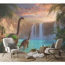 Fotobehang dino’s bij de waterval in een kinderkamer, speels en avontuurlijk met levensechte details.