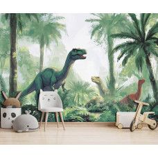 Fotobehang Dinosaurusland in een kinderkamer, waar het avontuurlijke jungletafereel met dinosaurussen de hele muur siert.