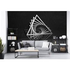 Fotobehang in een woonkamer met een dynamisch ontwerp van driehoeken in 3D op een donkere achtergrond die het interieur versterkt.