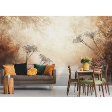 Fotobehang met een nevelig bloemenveld in retro tinten aan de muur van een sfeervolle woonkamer.