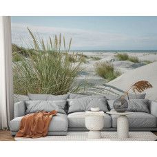 Fotobehang Duinen aan de Kust in een woonkamer met een breed perspectief op zandduinen, helmgras en strakblauwe lucht voor een ruimtelijk effect.