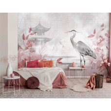 Een stijlvolle slaapkamer met een fotobehang met een sierlijke reiger te midden van rode bladeren en een Japans huis, die samen zorgen voor een elegante uitstraling zorgen.