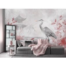 Een woonkamer met een fotobehang met een sierlijke reiger te midden van rode bladeren en een Japans huis, die samen zorgen voor een elegante uitstraling zorgen.