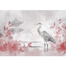Fotobehang met een sierlijke reiger te midden van rode bladeren en een Japans huis, die samen zorgen voor een elegante uitstraling zorgen.