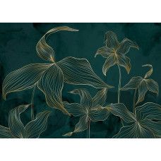 Een fotobehang met exotisch groen en gouden accenten, waarin weelderige tropische bloemen en subtiele goudtinten samenkomen voor een luxe en natuurlijke uitstraling.