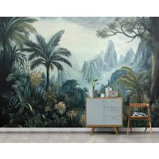 Een kantoor met een fotobehang met een exotisch panorama van jungle, palmbomen en bergen in schilderachtige stijl.