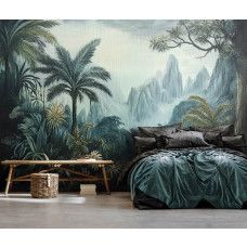 Fotobehang met een exotisch panorama van jungle, palmbomen en bergen in schilderachtige stijl, weergegeven in de slaapkamer.