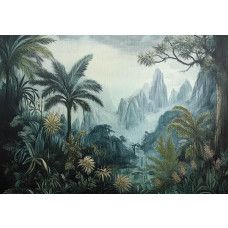 Fotobehang met een exotisch panorama van jungle, palmbomen en bergen in schilderachtige stijl.