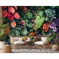 Fotobehang in een bedrijfsruimte met een weelderige mix van jungleplanten, kleurrijke bloemen en bladeren, met levendige kleuren die een tropische en frisse sfeer creëren.