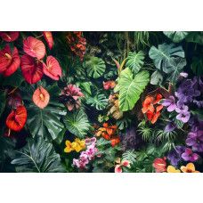 Fotobehang met een weelderige mix van jungleplanten, kleurrijke bloemen en bladeren, met levendige kleuren die een tropische en frisse sfeer creëren.