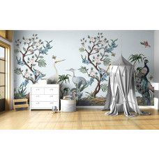 Fotobehang met exotische vogels en bloemen in chinoiserie stijl in de kinderkamer.