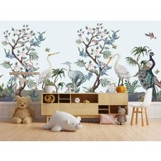 Fotobehang exotische vogels in chinoiserie stijl in een kinderkamer.
