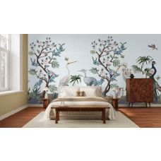 Fotobehang exotische vogels en bloesembomen in een stijlvolle slaapkamer.