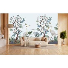 Fotobehang exotische vogels in chinoiserie stijl in een elegante woonkamer.