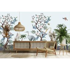 Fotobehang met pauw, reigers en bloesem in chinoiserie stijl in de woonkamer.