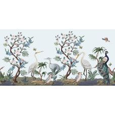 Fotobehang exotische vogels in chinoiserie stijl met pauw, reigers, bloesembomen en bloemen.