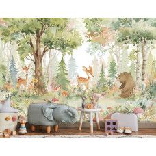 Fotobehang fantasievol bos met dieren in een kinderkamer met vrolijke bosillustratie.