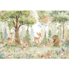 Fotobehang met hertjes, een beer en bloemen in een kleurrijk fantasiebos.