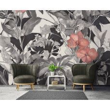 Fotobehang met artistieke botanische lijntekening en subtiele roze accenten in een woonkamer.