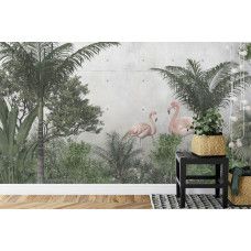 Een fotobehang met flamingo's in een weelderige jungle, afgebeeld in een slaapkamer.