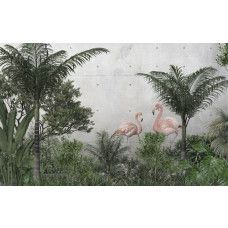 Fotobehang van flamingo's in de jungle, met tropische planten en palmbomen tegen een betonnen achtergrond.