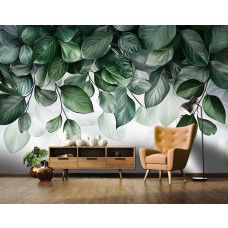 Fotobehang met weelderige groene bladeren in een moderne woonkamer.