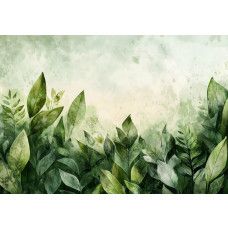 Fotobehang met frisse groene bladeren in aquarelstijl op een lichte achtergrond met natuurlijke uitstraling.