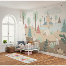 Fotobehang Frozen Castle Playground in een kinderkamer met Elsa, Anna, Olaf en het kasteel van Arendelle tussen kleurrijke bomen, bloemen en zachte pasteltinten.