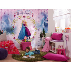 Fotobehang Frozen Family Forever in een kinderkamer voor een meisje, met Elsa en Anna in een liefdevolle omhelzing, omringd door winterse details, bloemenornamenten en de Frozen personages Olaf, Kristoff en Sven.