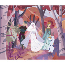 Fotobehang Frozen Forest Friendship met Elsa, Anna, Olaf, Kristoff en Sven in een kleurrijk bos met roze bomen en speelse illustraties.