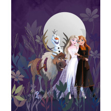 Fotobehang Frozen Magische Vriendschap met Elsa, Anna, Olaf en Sven in een betoverd bos onder een grote maan.