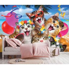 Een fotobehang met vrolijke katten in een speelse stijl, geschikt voor een meisjeskamer.
